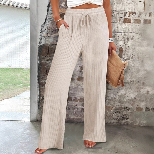 Women's Soft Ribbed Knit Trousers with Elastic Waistband and Practical Pockets NOVAE