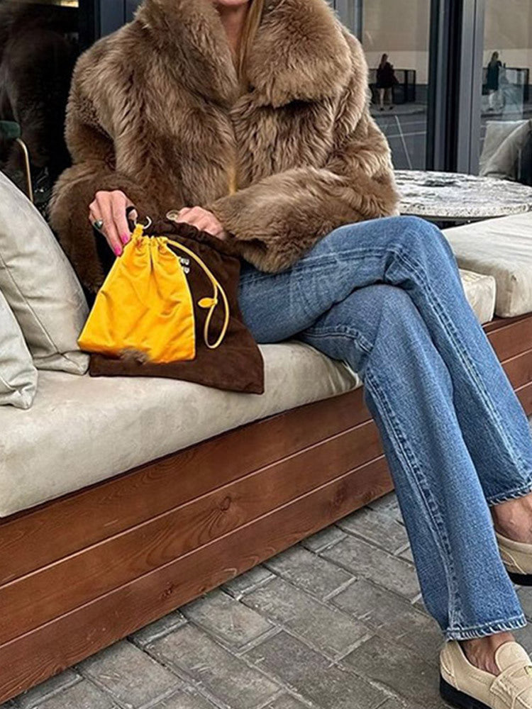 Women's fluffy faux fur coat with high collar and soft lining NOVAE