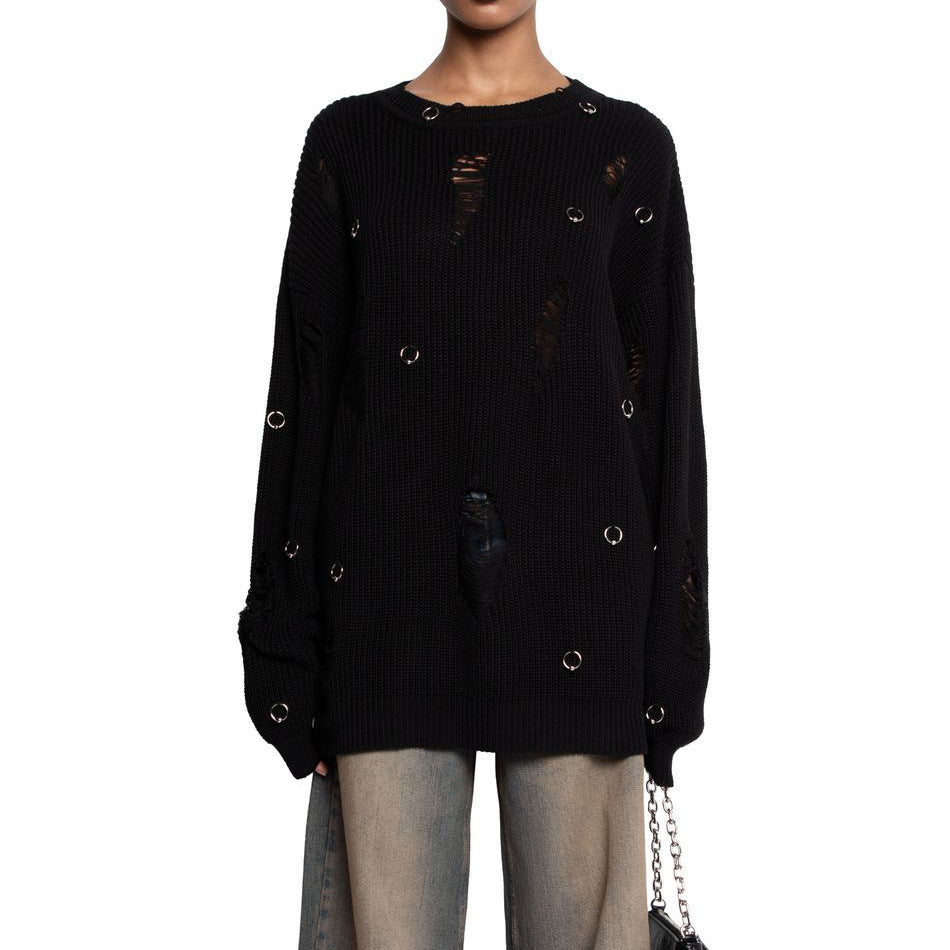 Women's casual sweater with fashionable ripped details and jewelry appliqués NOVAE