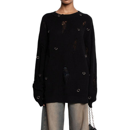 Women's casual sweater with fashionable ripped details and jewelry appliqués NOVAE