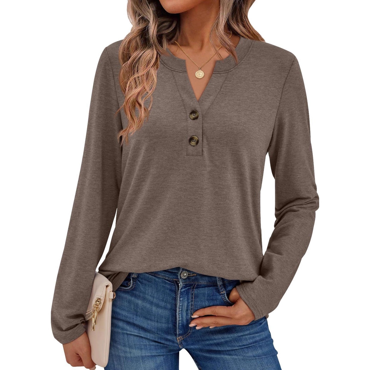 Women's casual long-sleeved shirt with button detail and round neckline NOVAE