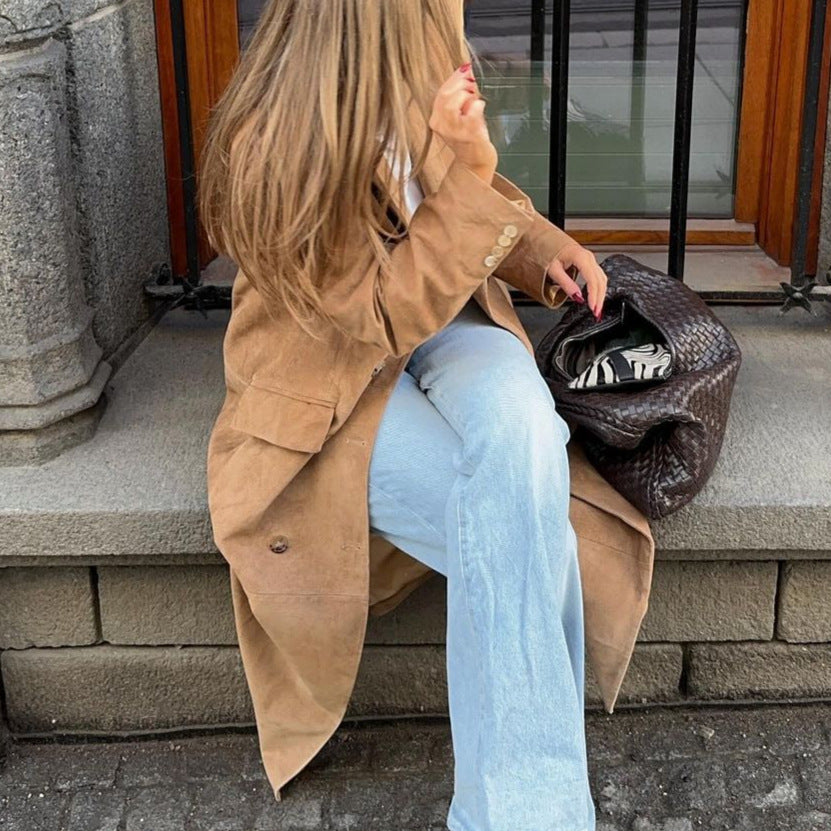 Women's elegant long coat with double button placket and practical pockets NOVAE