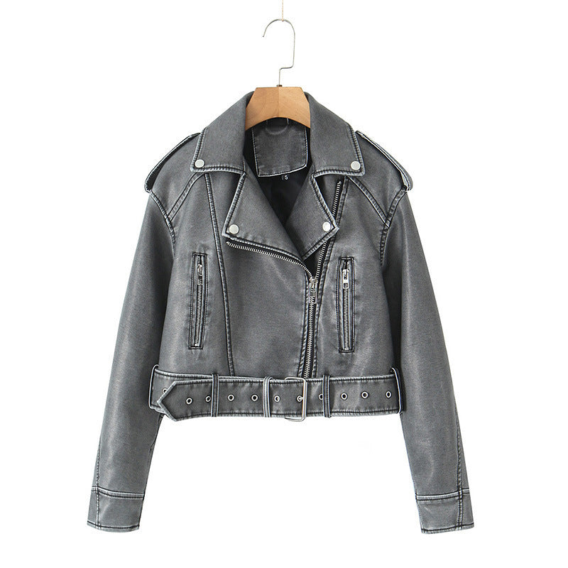 Women's fashionable biker jacket in a cropped design with sophisticated zippers NOVAE