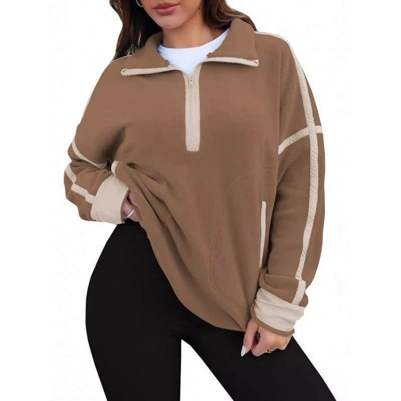 Women's fleece pullover with half zipper and contrasting sleeves NOVAE