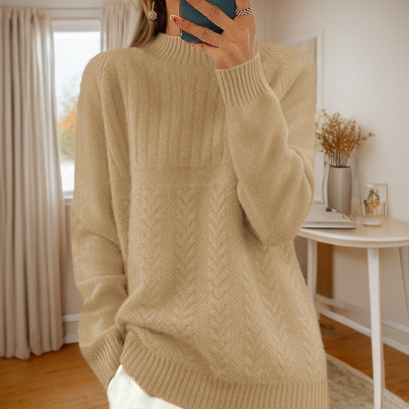 Women's knitted sweater with creative cable pattern and high collar NOVAE