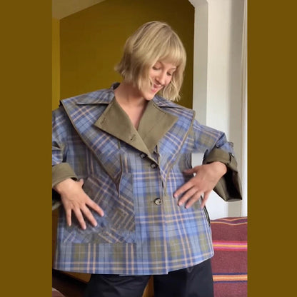 Women's fashionable transitional jacket with multi-check pattern and embroidered details NOVAE