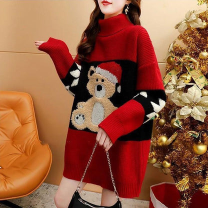 Women's Cozy Turtleneck Sweater with Festive Bear Motif NOVAE