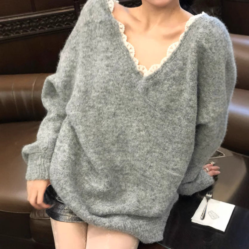 Women's Oversized Knit Sweater with V-Neck and Delicate Lace Trim NOVAE