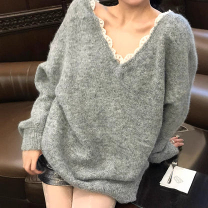 Women's Oversized Knit Sweater with V-Neck and Delicate Lace Trim NOVAE