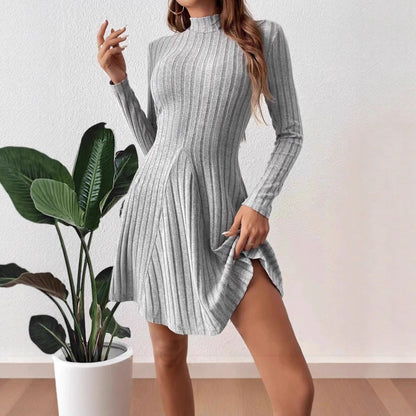 Women's knit dress with elegant stand-up collar and fine rib structure NOVAE