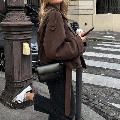 Women's fashionable cropped coat with wide lapels and oversized cut NOVAE