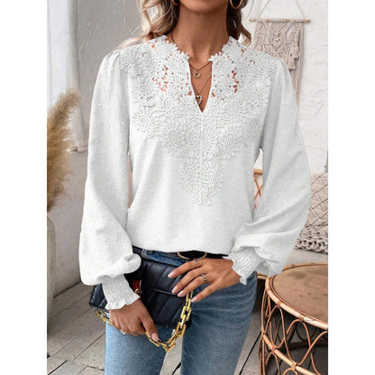 Women's blouse with embroidered V-neck and long sleeves NOVAE
