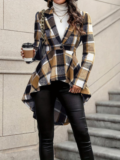 Women's elegant and flowing checked jacket with asymmetrical hem NOVAE