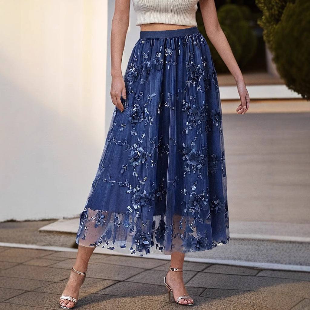 Women's Elegant Tulle Skirt with Floral Embroidery and Elastic Waistband NOVAE