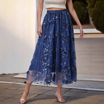 Women's Elegant Tulle Skirt with Floral Embroidery and Elastic Waistband NOVAE