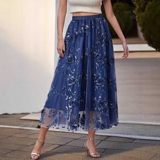 Women's Elegant Tulle Skirt with Floral Embroidery and Elastic Waistband NOVAE