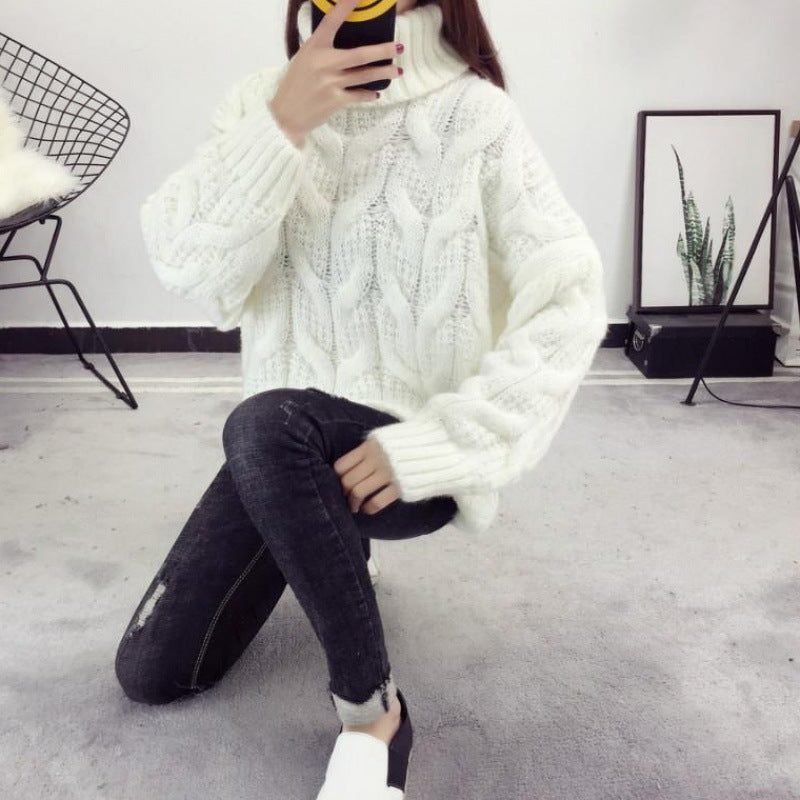 Women's chunky knit sweater with high collar and elegant cable pattern NOVAE