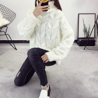 Women's chunky knit sweater with high collar and elegant cable pattern NOVAE
