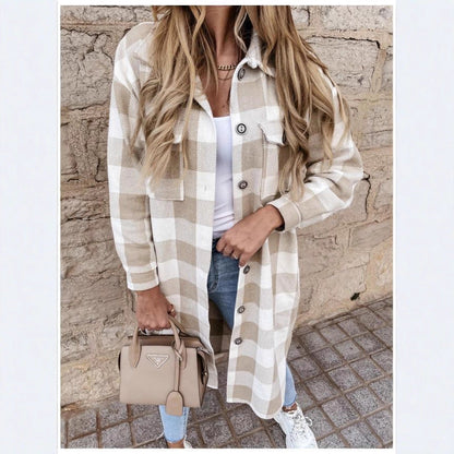 Women's oversized plaid shirt jacket with practical pockets and button details NOVAE