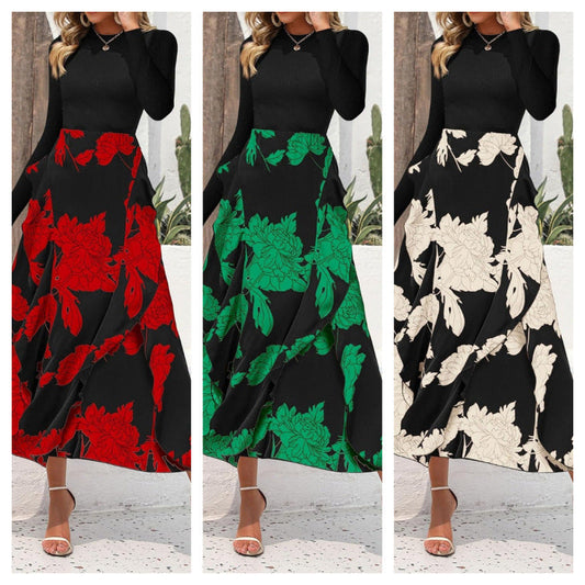 Women's Elegant Maxi Dress with Floral Ruffle and Long Sleeves NOVAE