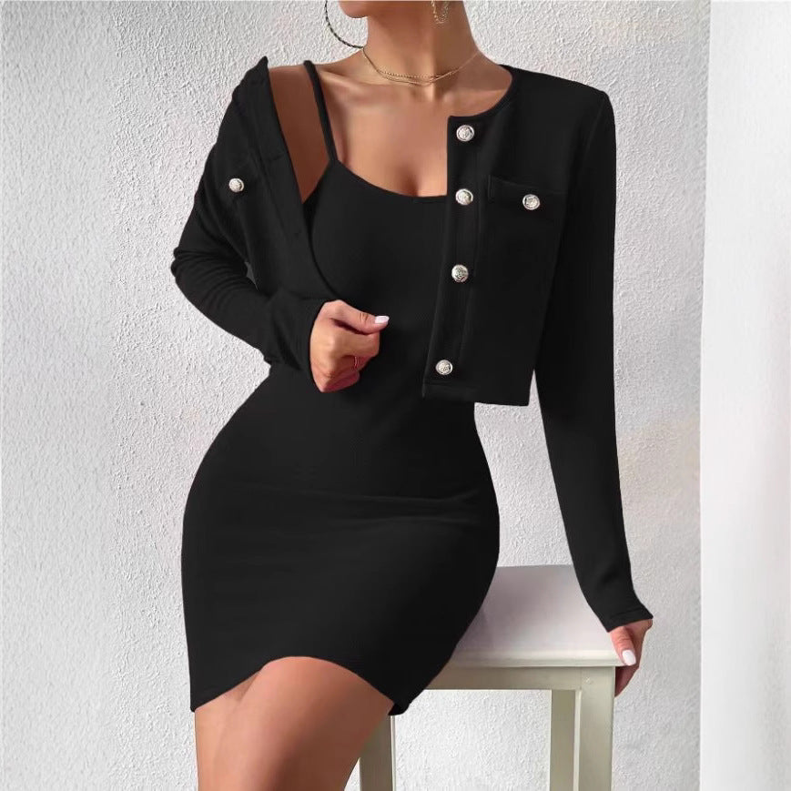 Women's elegant jumpsuit set with fitted jacket and shimmering buttons NOVAE