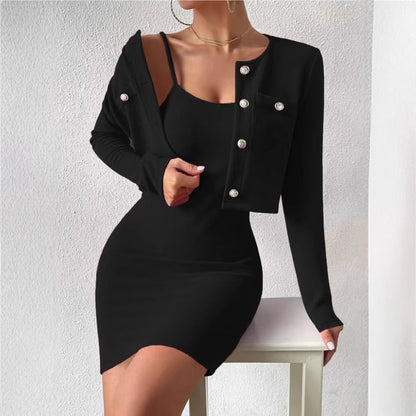 Women's elegant jumpsuit set with fitted jacket and shimmering buttons NOVAE