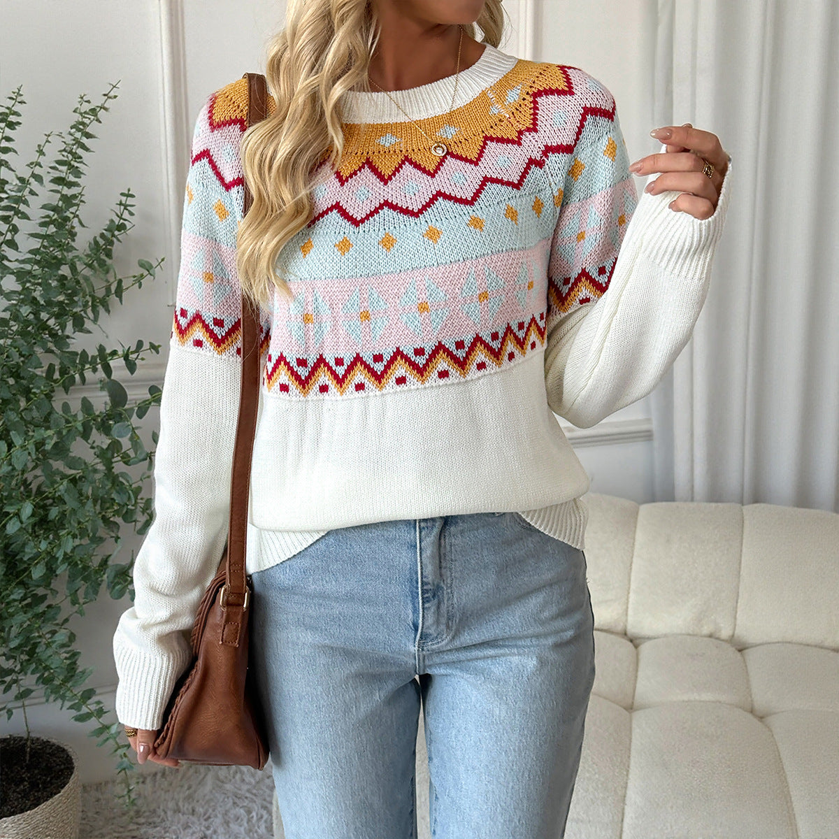 Women's knitted sweater with traditional pattern and dropped shoulders NOVAE
