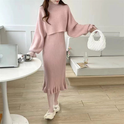 Women's knit dress with high neckline and ribbed texture NOVAE