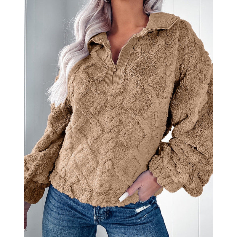 Women's fleece pullover with half zipper and textured design NOVAE