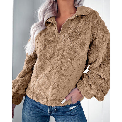 Women's fleece pullover with half zipper and textured design NOVAE