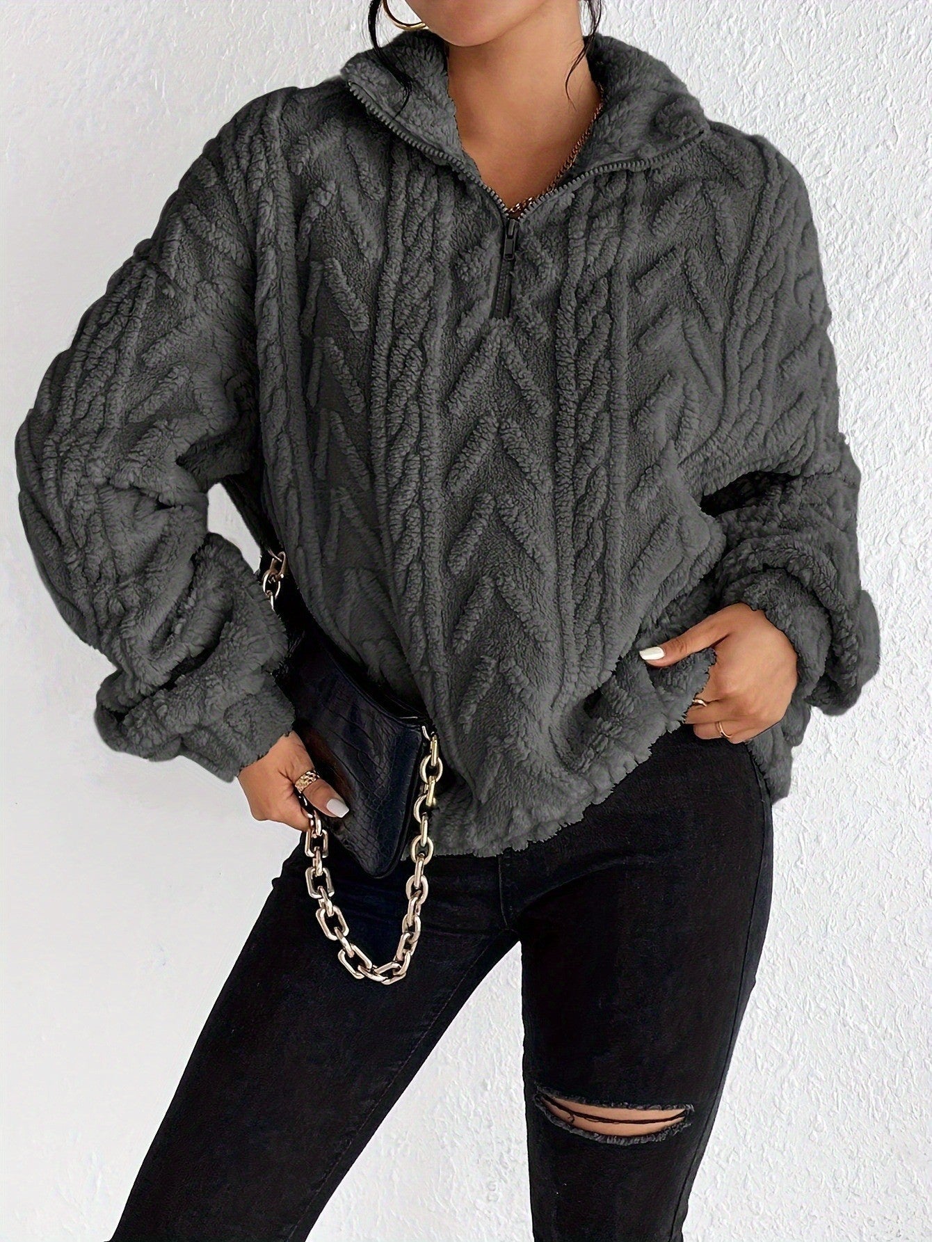 Women's Cozy Fleece Sweater with High Collar and Zipper Detail NOVAE