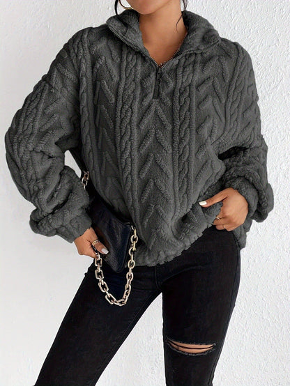 Women's Cozy Fleece Sweater with High Collar and Zipper Detail NOVAE
