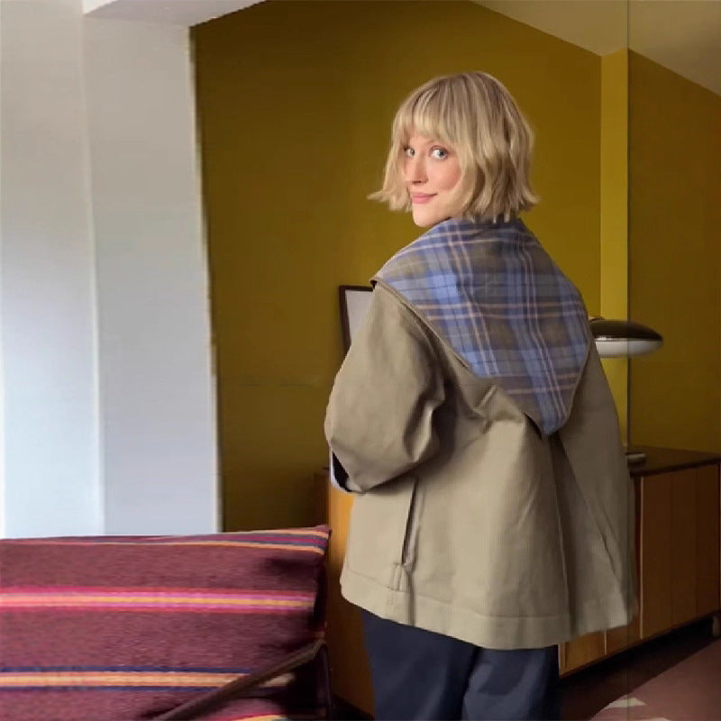 Women's fashionable transitional jacket with multi-check pattern and embroidered details NOVAE