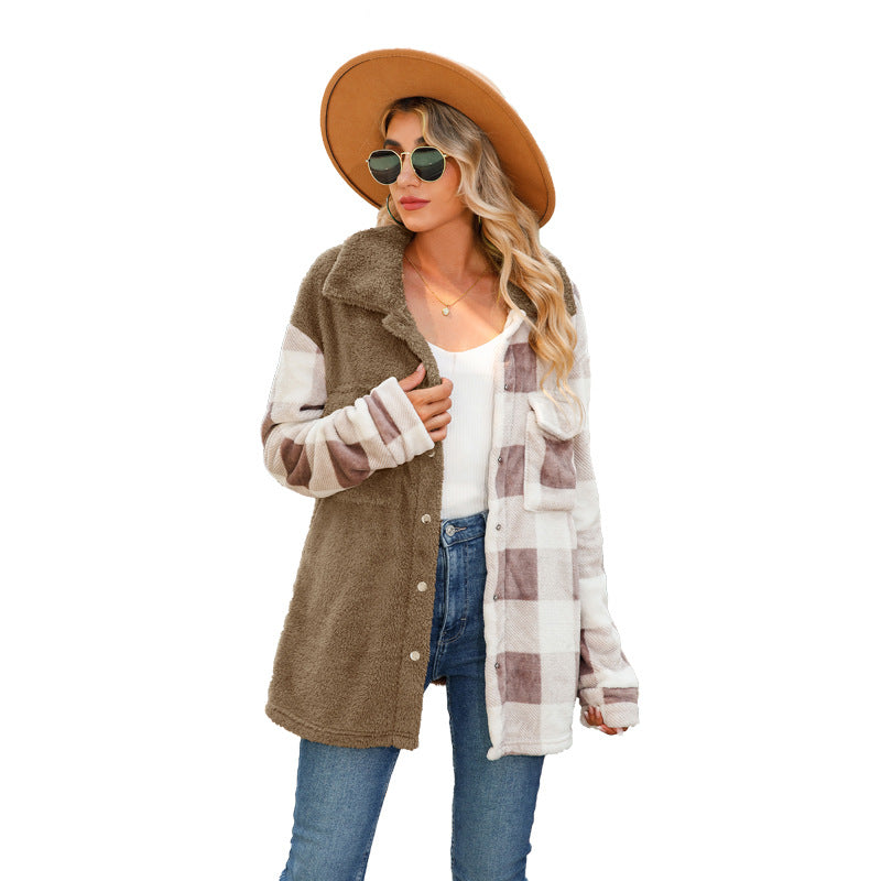 Women's fleece coat with check pattern and button placket NOVAE