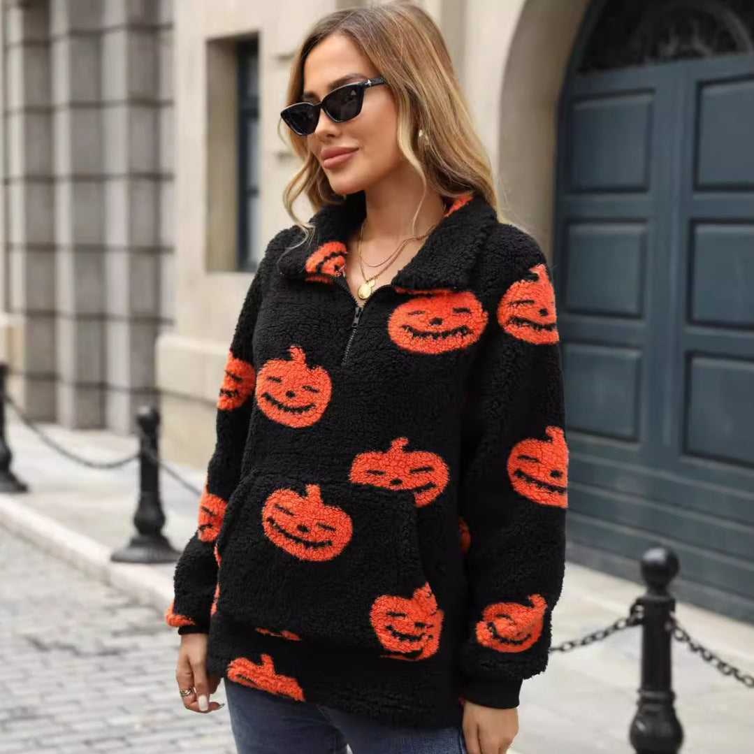 Women's plush sweater with Halloween motif and practical pockets NOVAE
