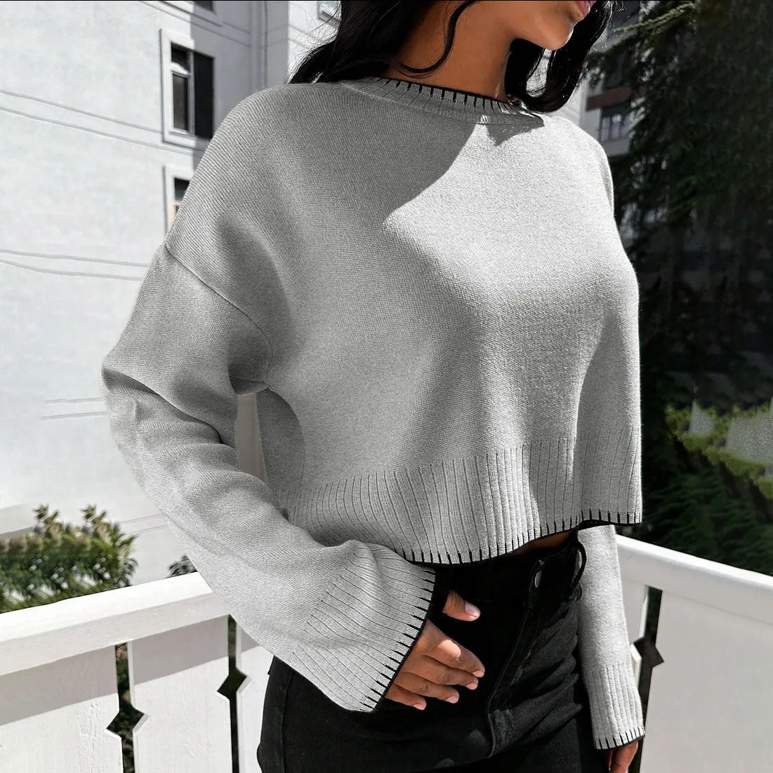 Women's casual cropped pullover with fine ribbing and elasticated waistband NOVAE