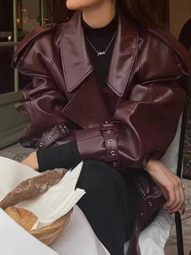 Women's Trendy Oversized Leather Jacket with Structured Shoulder Pads and Waist Belt NOVAE