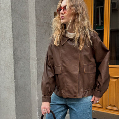 Women's fashionable leather jacket with oversized cut and practical pockets NOVAE