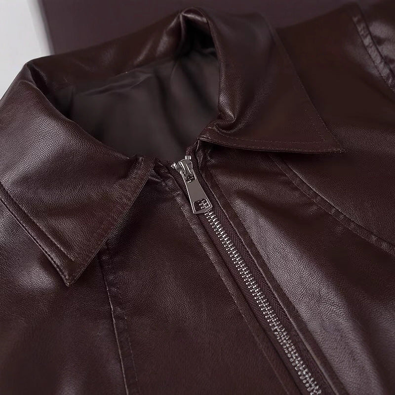 Women's fashionable faux leather jacket in vintage style with stand-up collar NOVAE