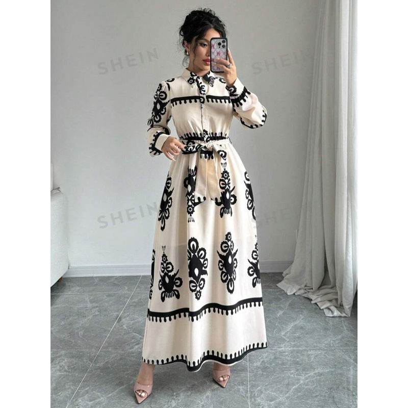 Women's long-sleeved maxi dress with elegant button design and adjustable waist belt NOVAE