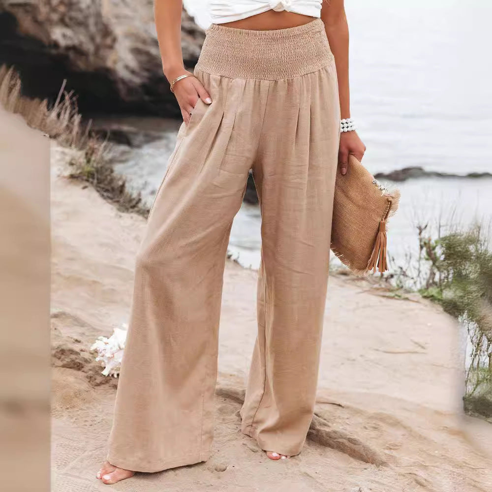 Women's airy linen trousers with elasticated waistband and wide cut NOVAE