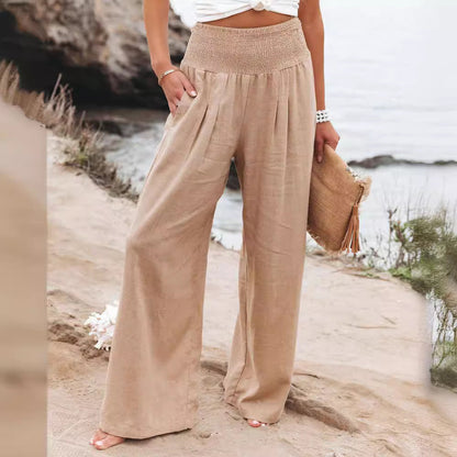 Women's airy linen trousers with elasticated waistband and wide cut NOVAE