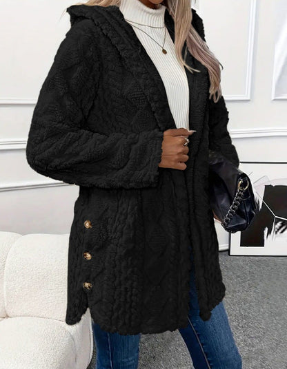 Women's cozy oversized coat with hood and button placket NOVAE