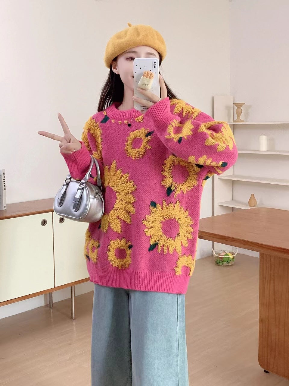 Women's chunky knit sweater with floral appliqués NOVAE