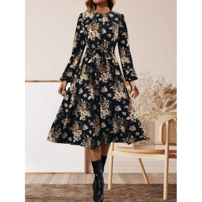 Women's midi dress with floral details and waist belt NOVAE