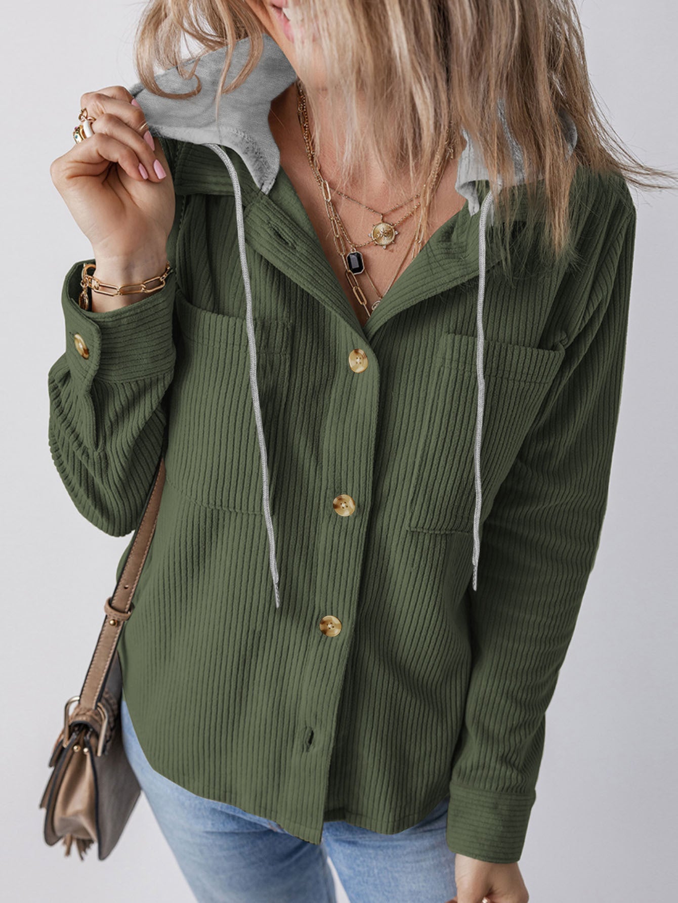 Women's Casual Long Jacket with Hood and Button Details NOVAE