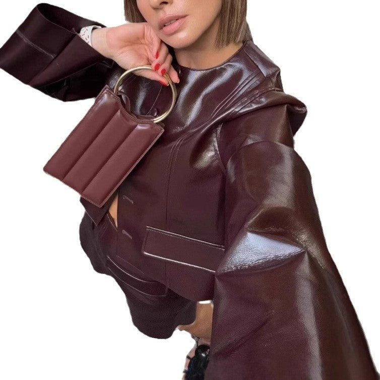 Women's fashionable faux leather jacket in a classic style with generous pockets NOVAE