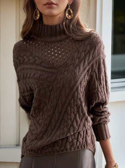 Women's knit sweater with high collar and detailed cable pattern NOVAE