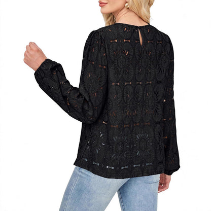 Women's stylish blouse shirt with floral openwork pattern and wide sleeves NOVAE