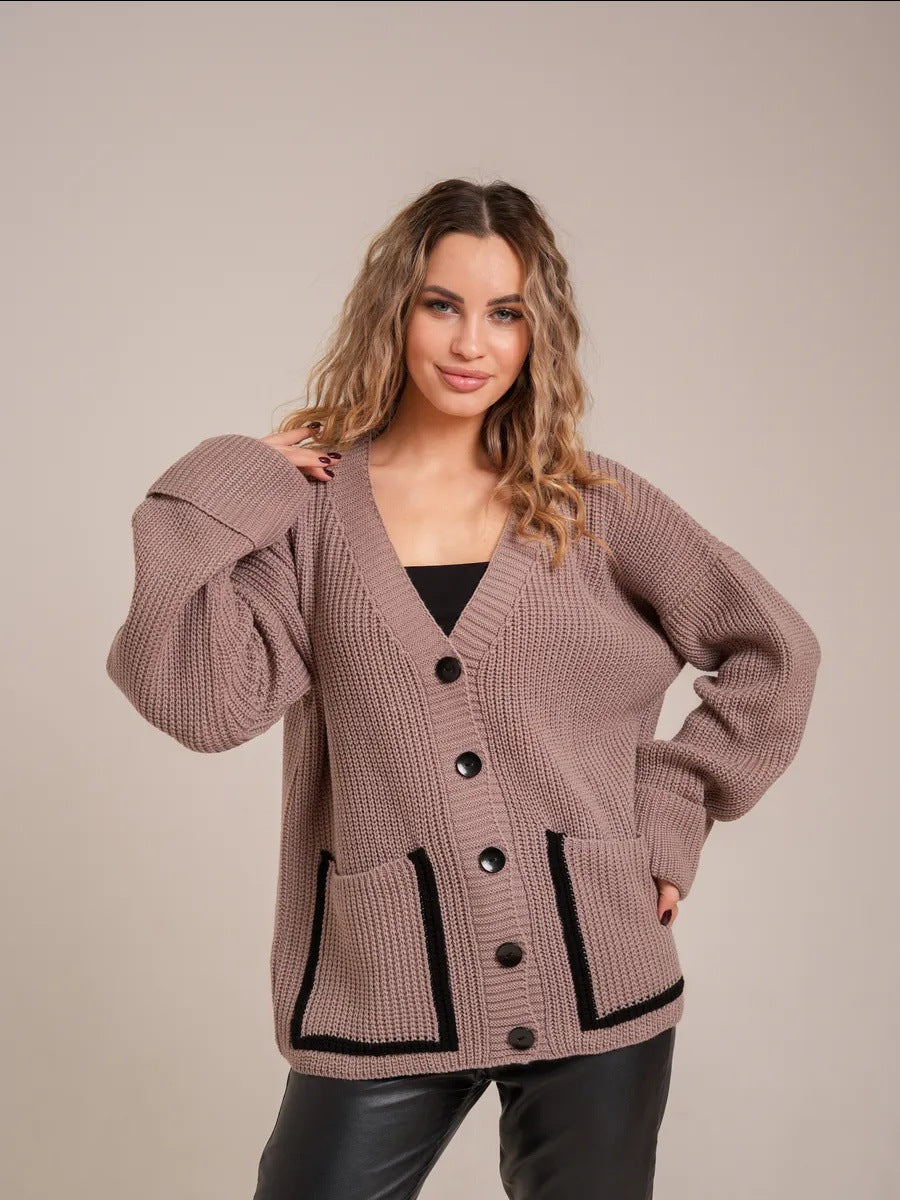 Women's chunky knit cardigan with large pockets and decorative button NOVAE